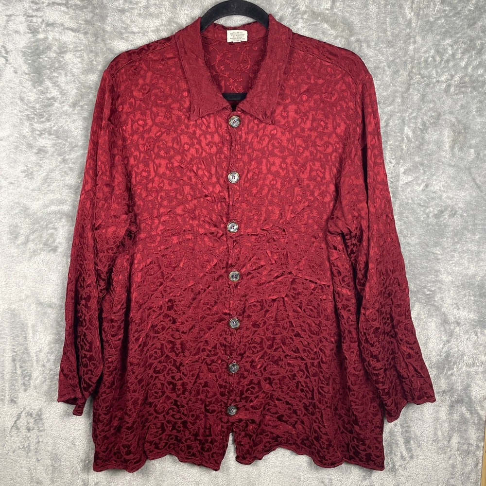 CP Shades Button Front Shirt Womens L Burgundy Red Excellent Jacquard Rayon Top